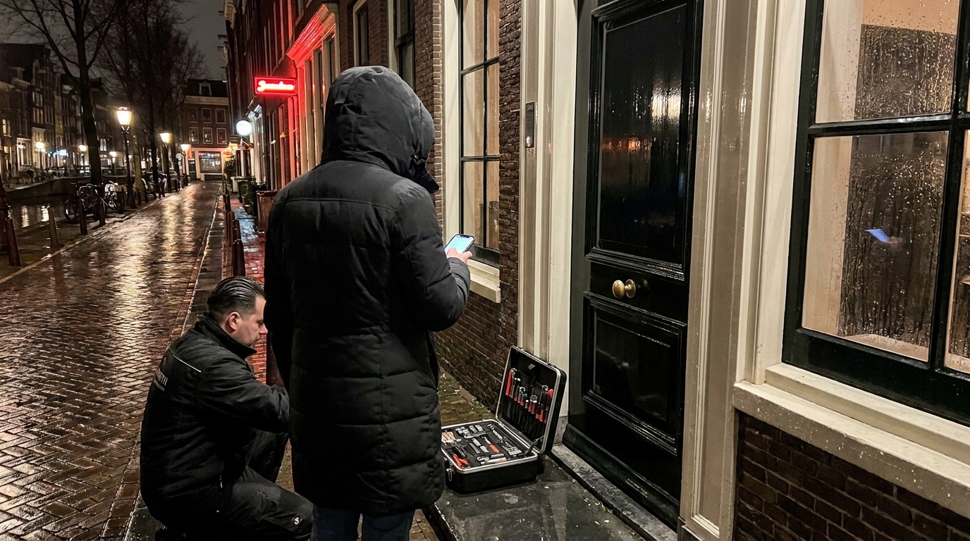 Slotenmaker aan het werk bij een voordeur in Amsterdam, 's avonds