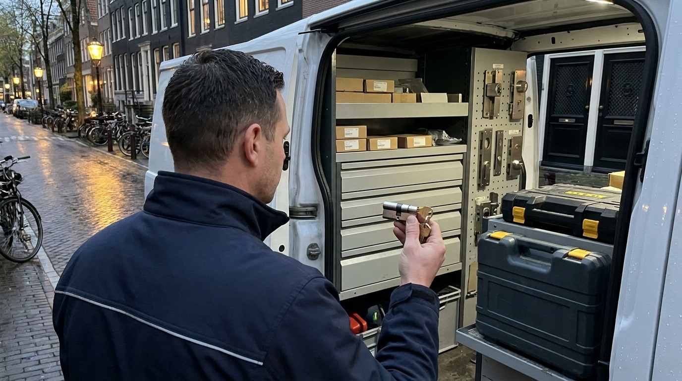 Slotenmaker pakt een nieuwe cilinder uit zijn bus